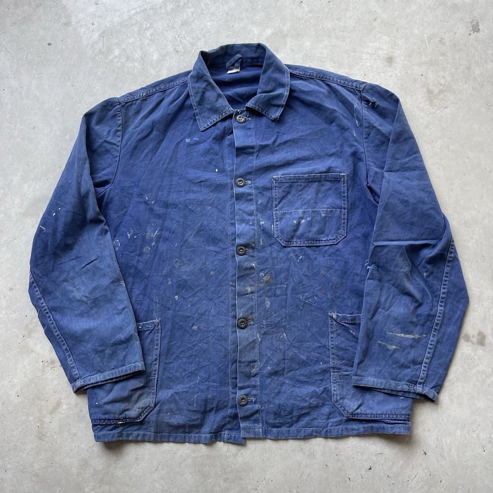 Vintage 60s HBT French Chore Jacket Faded Distressed Workwear Coat Herringbone